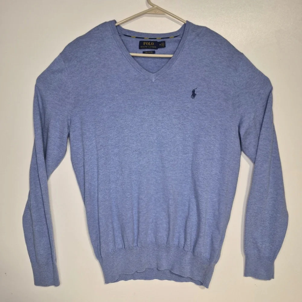 Polo Ralph Lauren Sweater Mens Medium Blue Pima Cotton V-Neck Pony‎ Logo